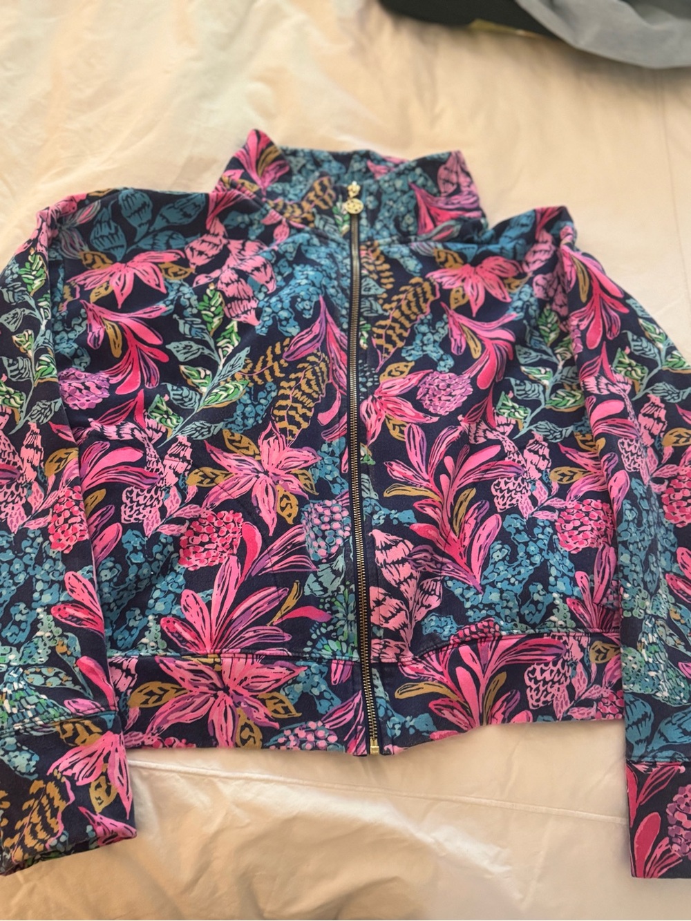 Lilly Pulitzer Navy Floral Zip-Up Bomber Jacket with Pink Accents